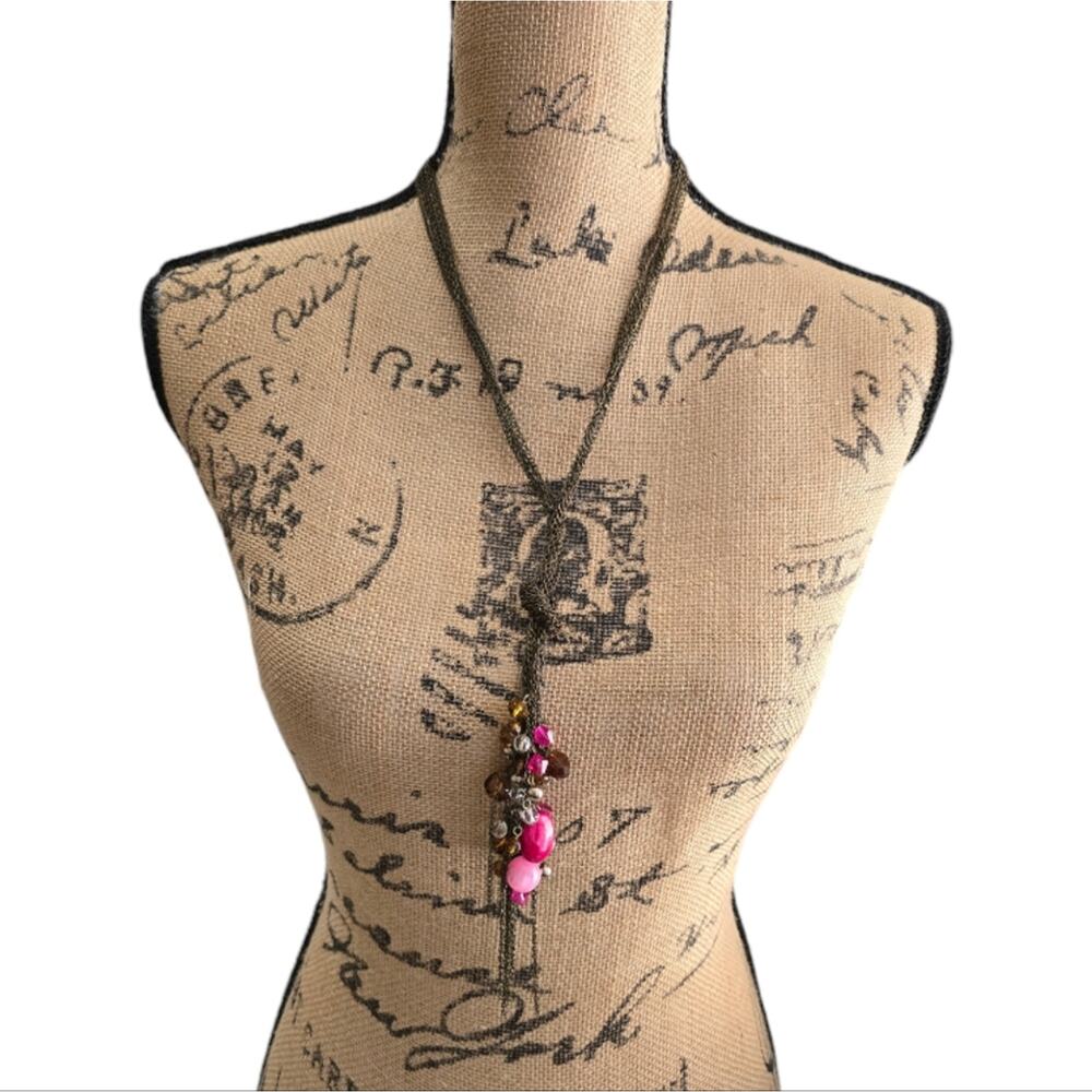 Treska Pink‎ and Antique Gold Multi Strand Layered Y Necklace New